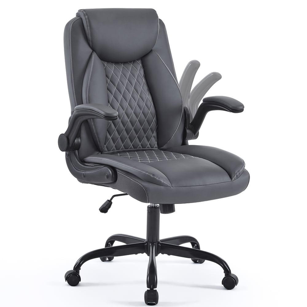 Leather Ergonomic Back Support Swivel Executive Office Chair with Wheels and Flip-Up Armrests, with Adjustable Rocking Function