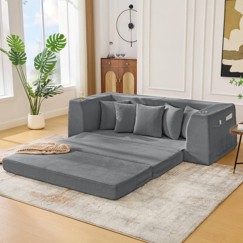 2 in 1 Convertible Sofa Bed, Sleeper Sofa with Storage Pockets, Pull Out Loveseat Couch with Two Cup Holders