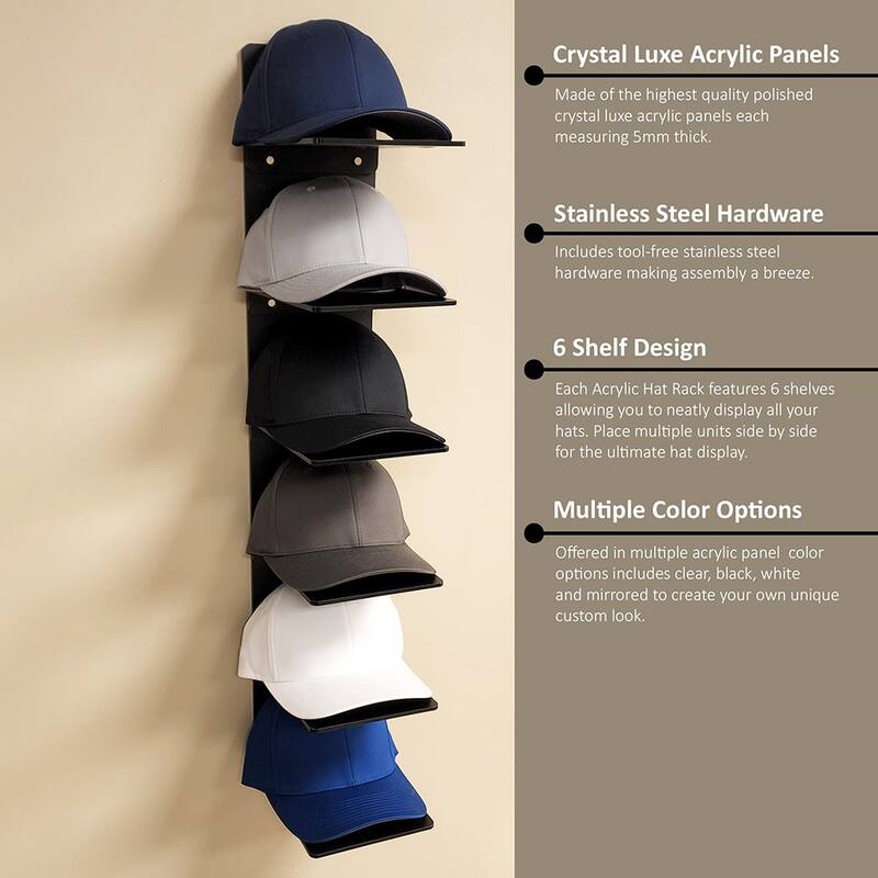 OnDisplay Luxe Acrylic Hat Rack Display - Wall Mounted Baseball Cap Organizer - Multi Shelf Wall Display for Hats