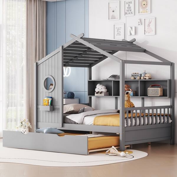 slide 2 of 16, Gray Full Size Wooden House Bed with Trundle & Storage Shelf Full - Gray