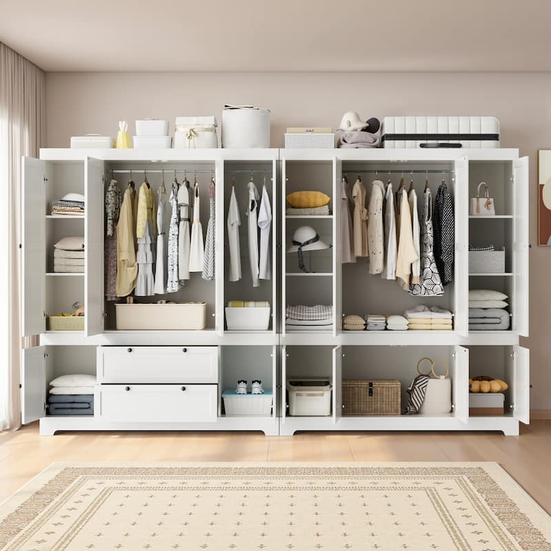 Pocassy 71" H Wardrobe Closet with Drawers with Doors and Storage - White-8 Doors with 2 Drawers and 6 Cabinet