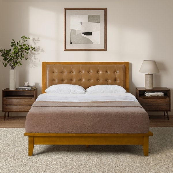 slide 2 of 9, Leocadia Mid-century Modern Button-tufted Genuine Leather Solid Wood Platform Bed with Charging Ports by HULALA HOME Camel - Queen