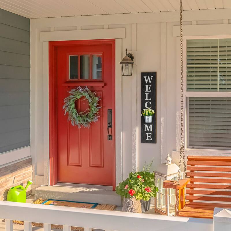 Glitzhome 42-inch Wooden Welcome Porch Sign Wall Decor with Metal Planter