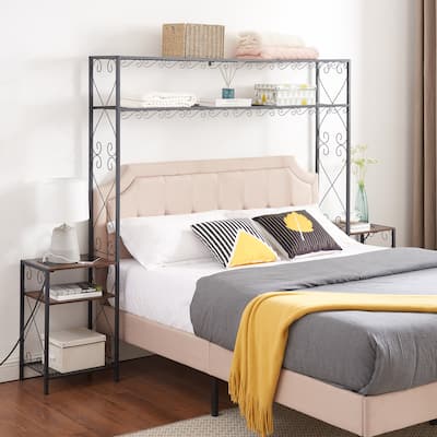 Rustic Brown Metal Queen Bed Frame, Headboard with 2 Nightstands and Bookcase