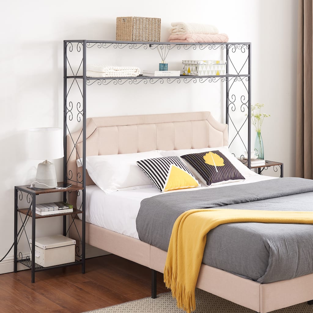 Rustic Brown Metal Queen Bed Frame, Headboard with 2 Nightstands and Bookcase