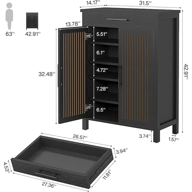Modern Shoe Storage Cabinet with 5 Removable Shelves and Large Drawer for Entryway Use - 31.5”L x 14.17”W x 42.91”H