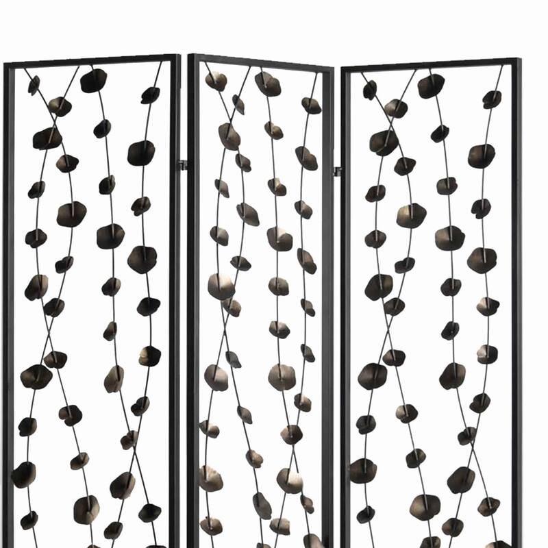 Transitional 3 Panel Metal Screen with Intricate Flower Design, Black