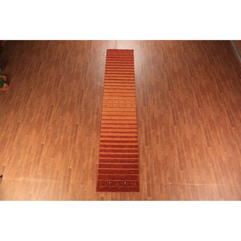 Striped Orange Gabbeh Oriental Runner Rug Hand-Knotted Wool Carpet - 2'7" x 13'0"