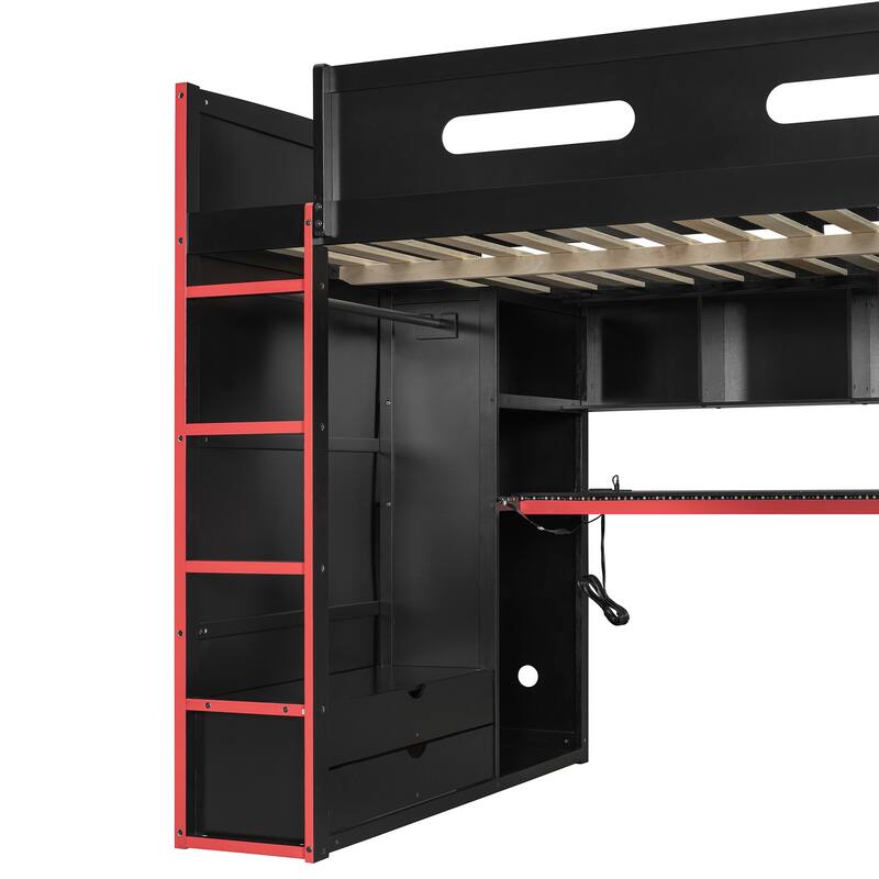 Full Size Wood Loft Bed with Desk, Wardrobe, Ample Storage Space, and RGB Light
