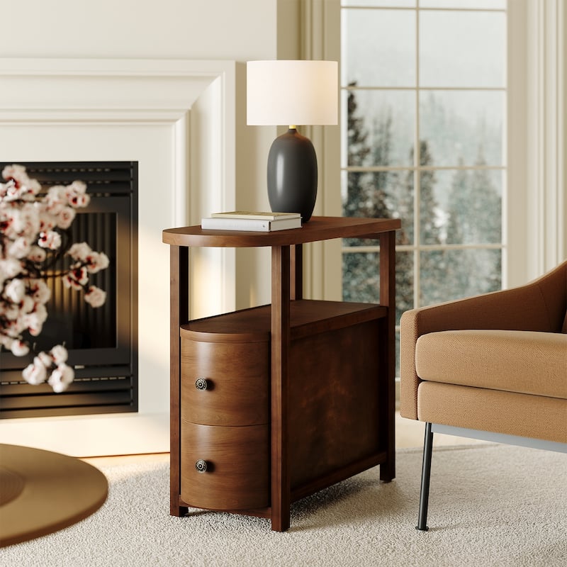 2 Drawer Solid Wood Side End Table, Fully Assembled, Narrow Slim Design