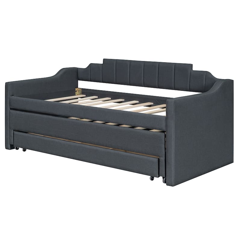 Twin Size Daybed w/Trundle & 3 Drawers, Linen Upholstered Day Bed Frame with Tufted Backrest & Armrest, Solid Wood Slats Support