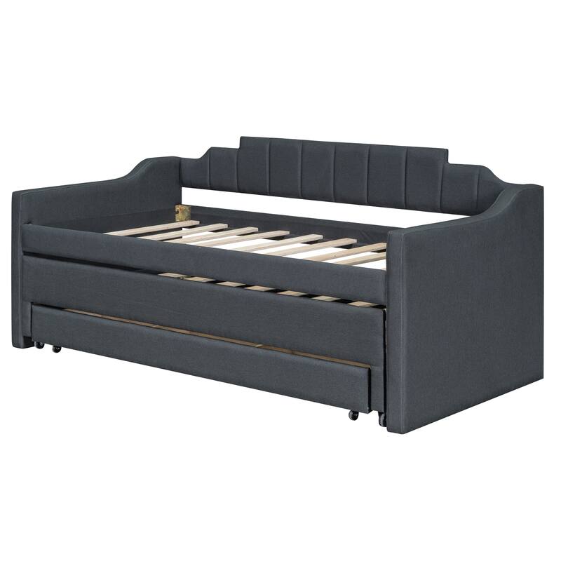 Twin Size Upholstered Daybed with Trundle and Three Drawers in Grey