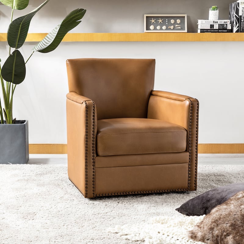Pascual Classic Genuine Leather Swivel Chair With Nailhead Trim Arm by HULALA HOME - Camel