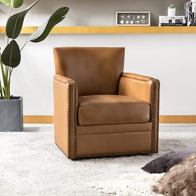 Pascual Classic Genuine Leather Swivel Chair With Nailhead Trim Arm By HULALA HOME