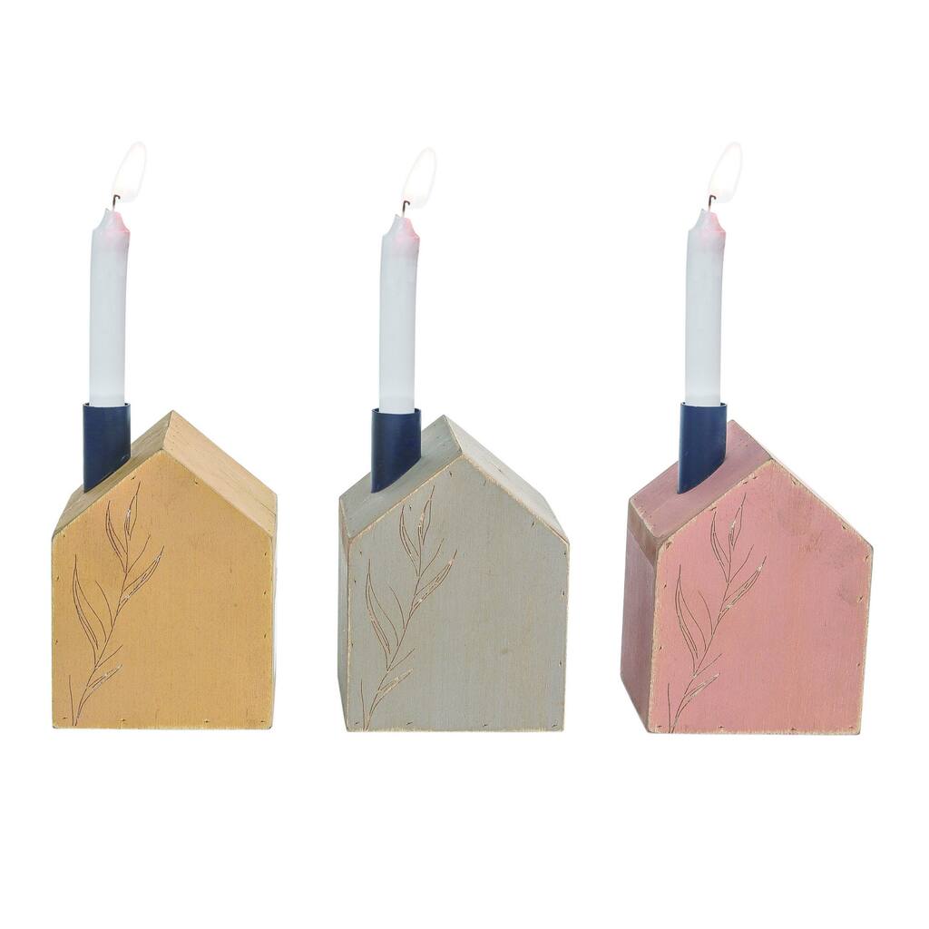 Transpac MDF House Shaped Candle Holder Set of 3 Spring Home Decorations