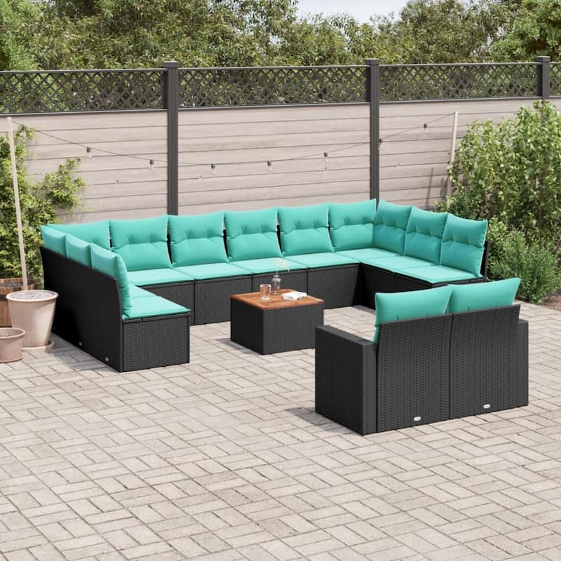 vidaXL 13 Piece Patio Sofa Set with Cushions Black Poly Rattan - 24.4 x 24.4 x 27.2 (W x D x H)