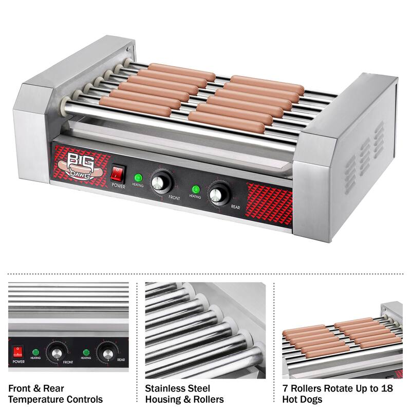 Hot Dog Roller Machine – Stainless-Steel Cooker with 7 Non-Stick Rollers by Great Northern Popcorn
