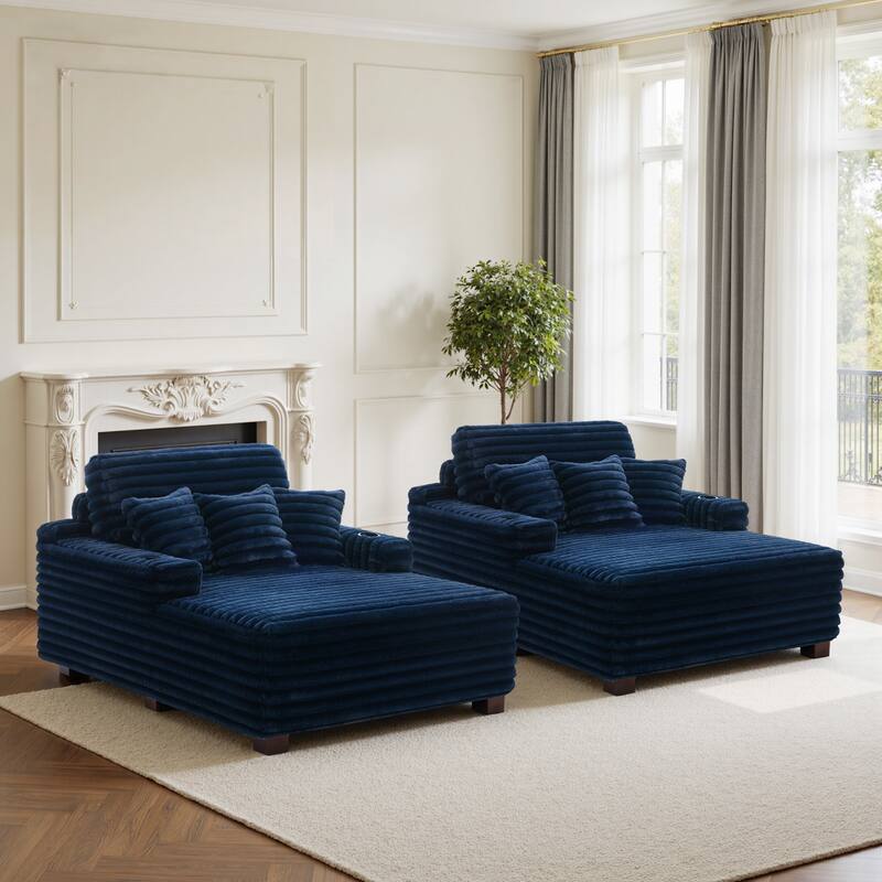 2 Set Flannel Upholstery Dual Cup Holde Chaise Lounge - Navy