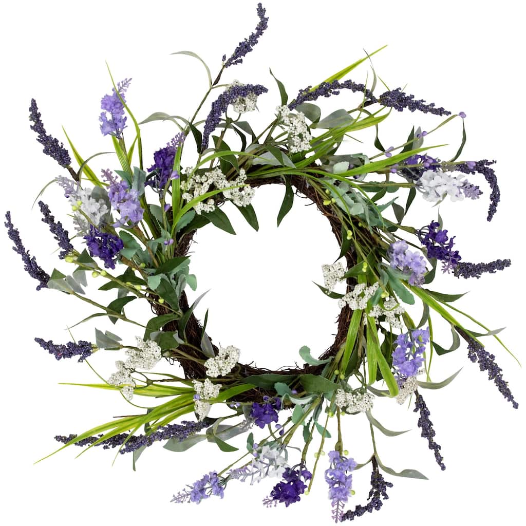 Green and Purple Twig Artificial Floral Wreath, 16-Inch - Unlit