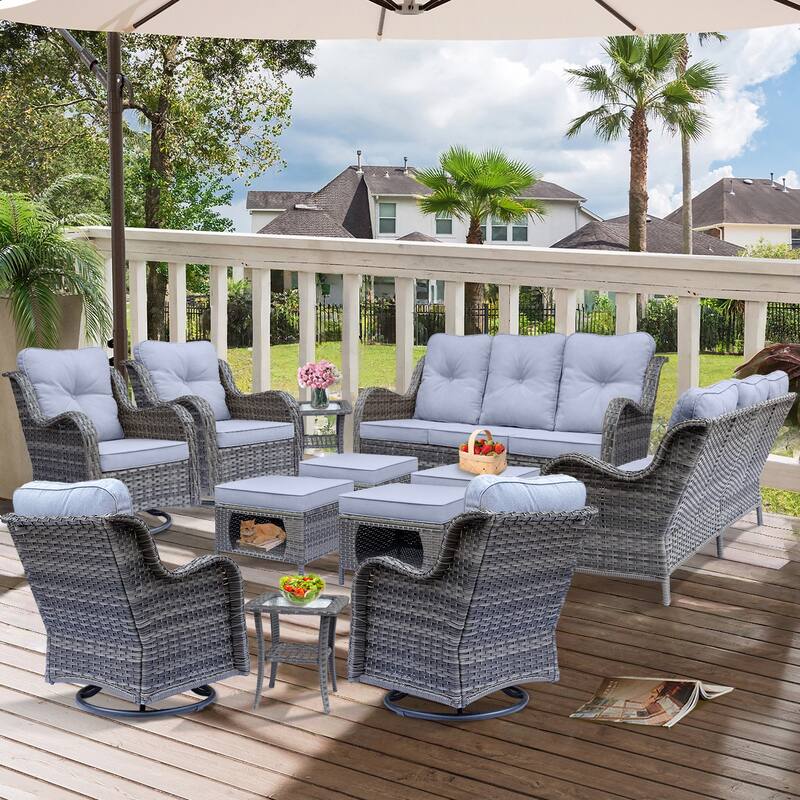 Gray Wicker 12-piece Outdoor Patio Conversation Sets with Swivel Chair