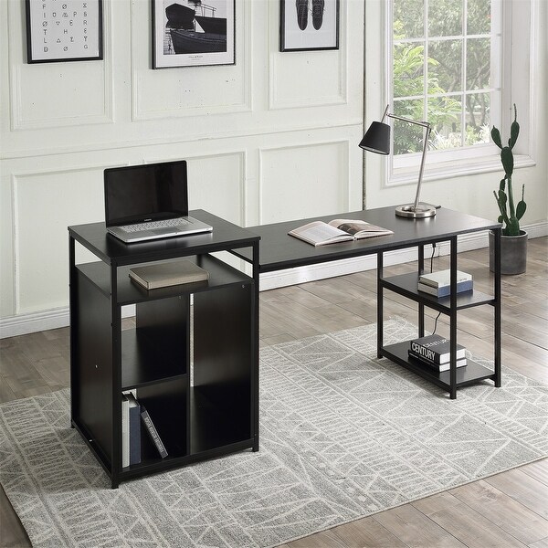 Black And Oak Space-Saving Corner Design Computer Desk With Open storage with adjustable shelf and Pullout keyboard tray 