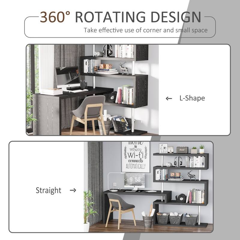 HOMCOM 94" 4 Tier Rotating Versatile L-Shaped Computer Desk Writing Table with Display Shelves and Steel Frame, Black