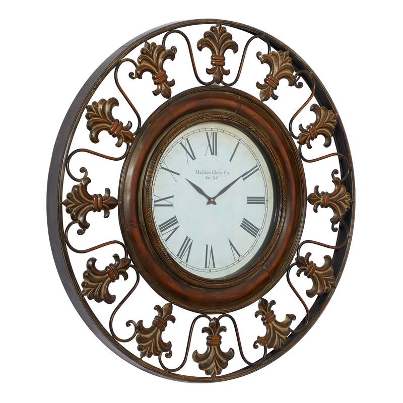 Metal Fleur De Lis Wall Clock - Brown - Roche River Decor - 5"W x 38"L x 38"H