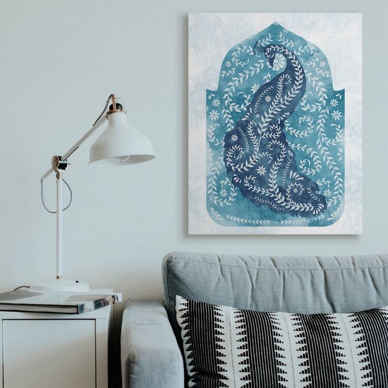 Stupell Arabesque Peacock Jungle Vines Bird White Blue Watercolor Canvas Wall Art