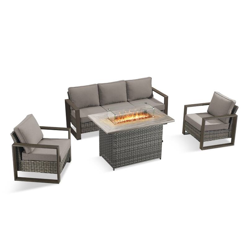 Pocassy 4 Pieces Outdoor Sofa Patio Chair with Fire Pit Table Set