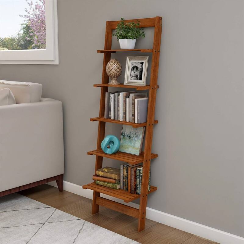 5 Tier Bookshelf Leaning Ladder Shelf Decorative Book Shelves for Bedroom - 11.5"D x 16.25"W x 50"H - Cherry