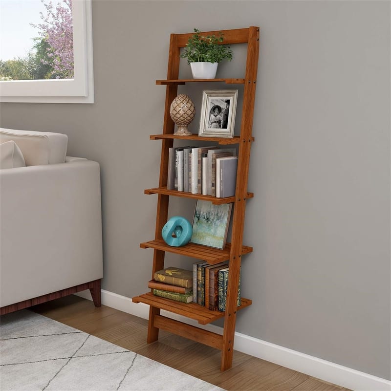 5 Tier Bookshelf Leaning Ladder Shelf Decorative Book Shelves for Bedroom - 11.5"D x 16.25"W x 50"H