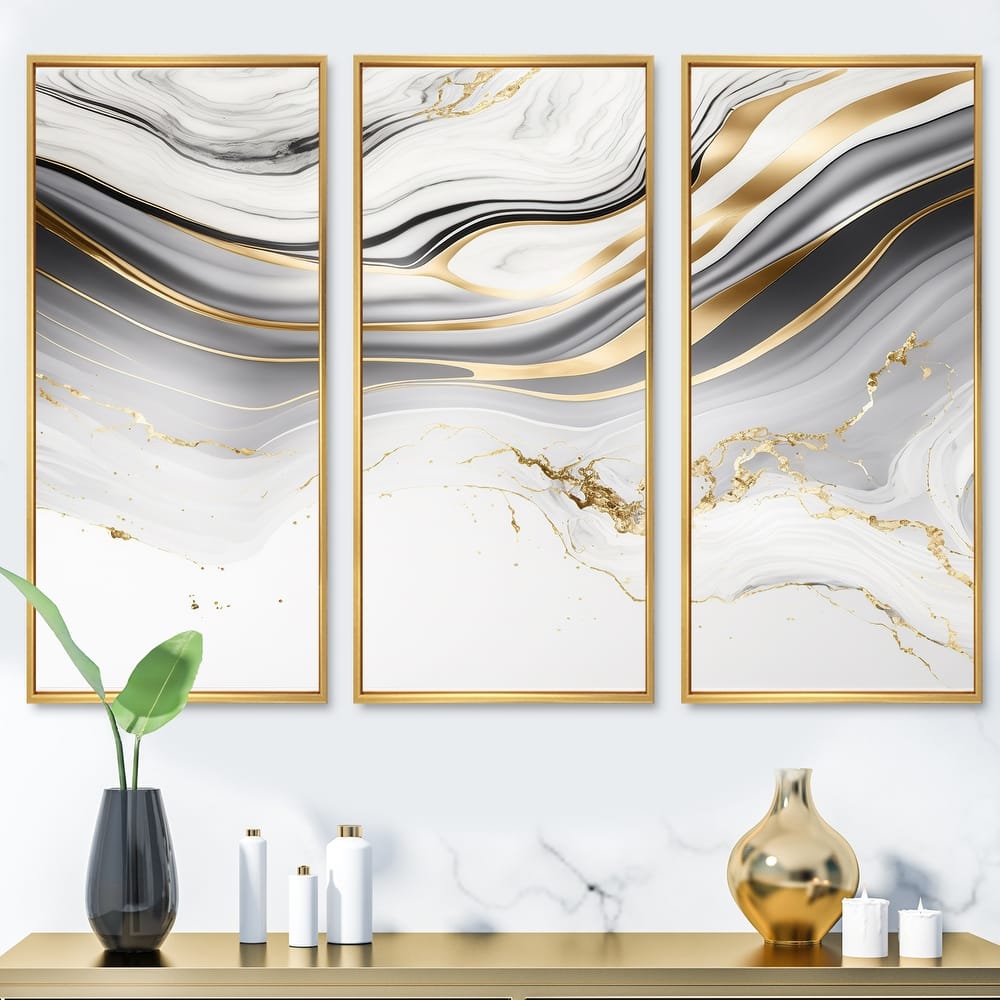 Designart "Abstract Geode Marble Waves Grey III" Modern Waves Framed Canvas Art Print - 3 Panels