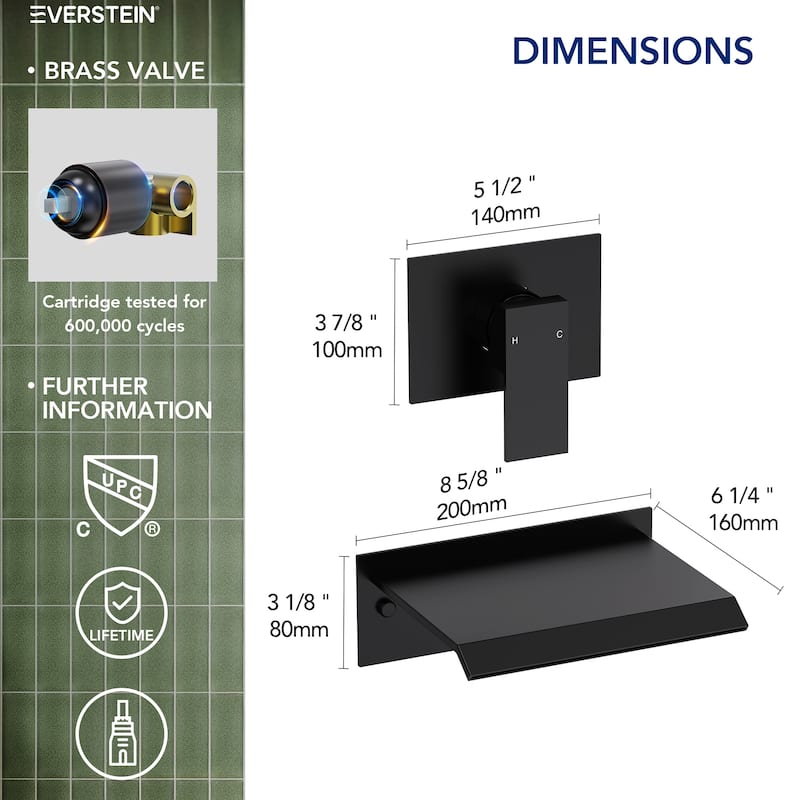 Single Handle Stainless Steel Wall Mount Waterfall Bathtub Faucet