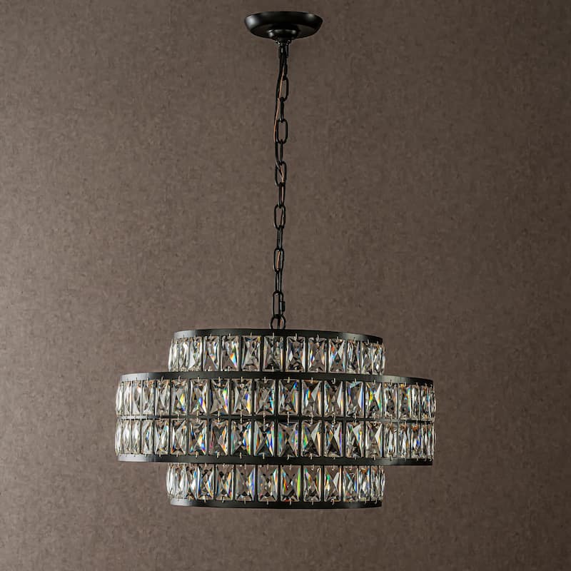 CraftHome Modern Crystal Chandelier Matte Black Finish Drum Pendant Light for Small Spaces Dining Room Entryway - W22‘’