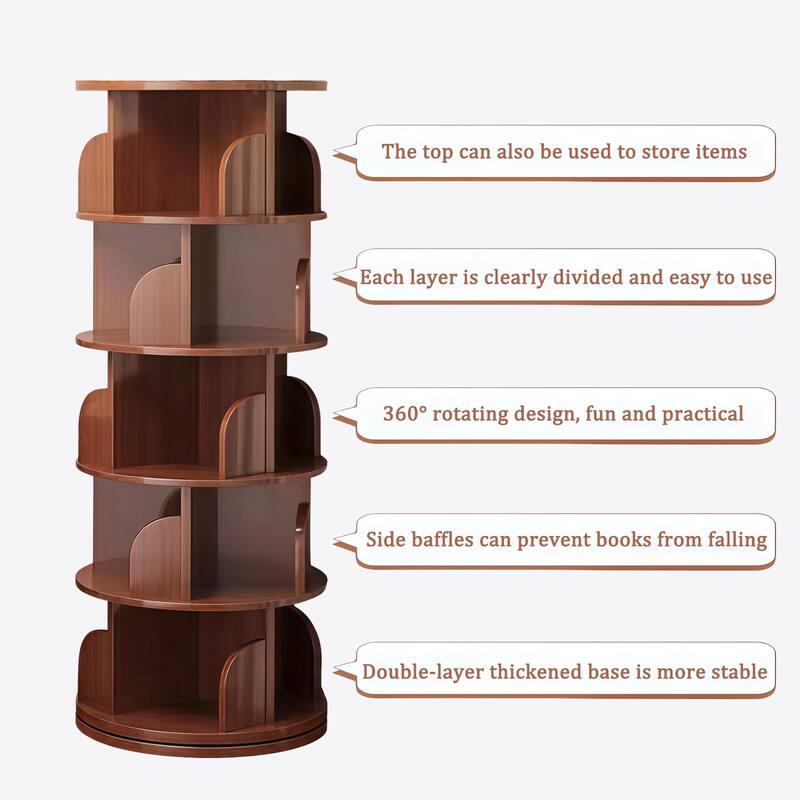 GDF Studio -Purling Modern 5-Tier Wood Rotating Bookshelf with 360-Degree Space-Saving Design