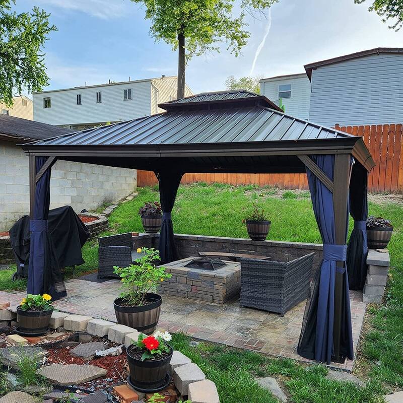 PURPLE LEAF Outdoor Hardtop Gazebo with Bronze Aluminum Frame Galvanized Steel Roof - 10ft x 14ft - Navy