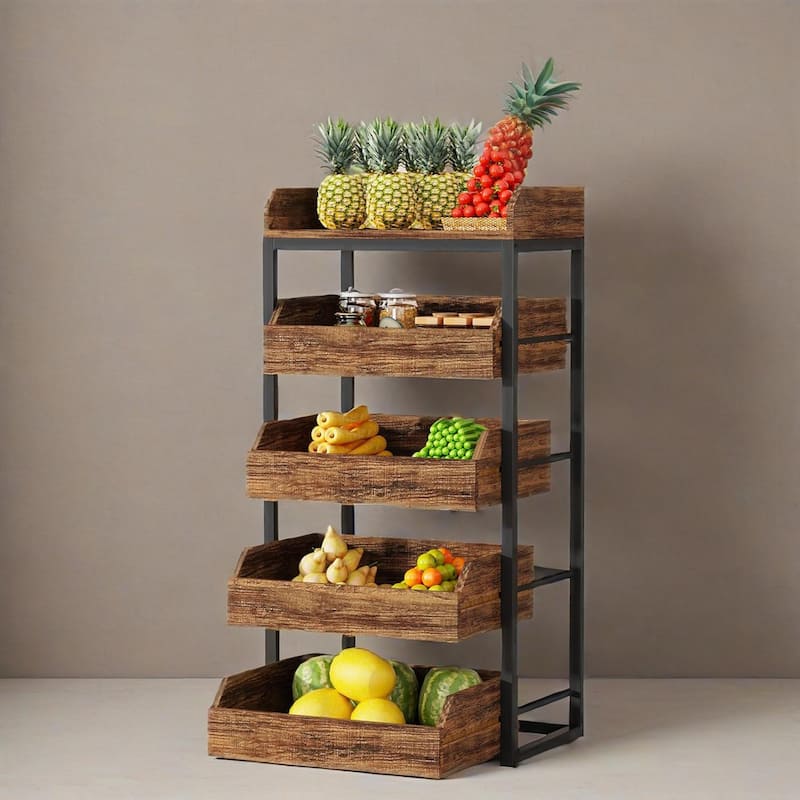 Brown 5 Drawer Pull Out Vegetable and Fruit Storage Rack with Particleboard and Metal for Kitchen Living Room and Retail Display