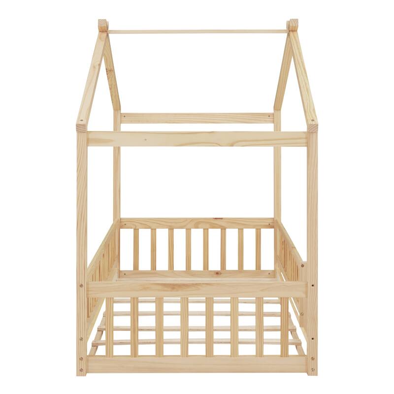 Natural Twin Size Wood House Bed Frame with Roof and Fence