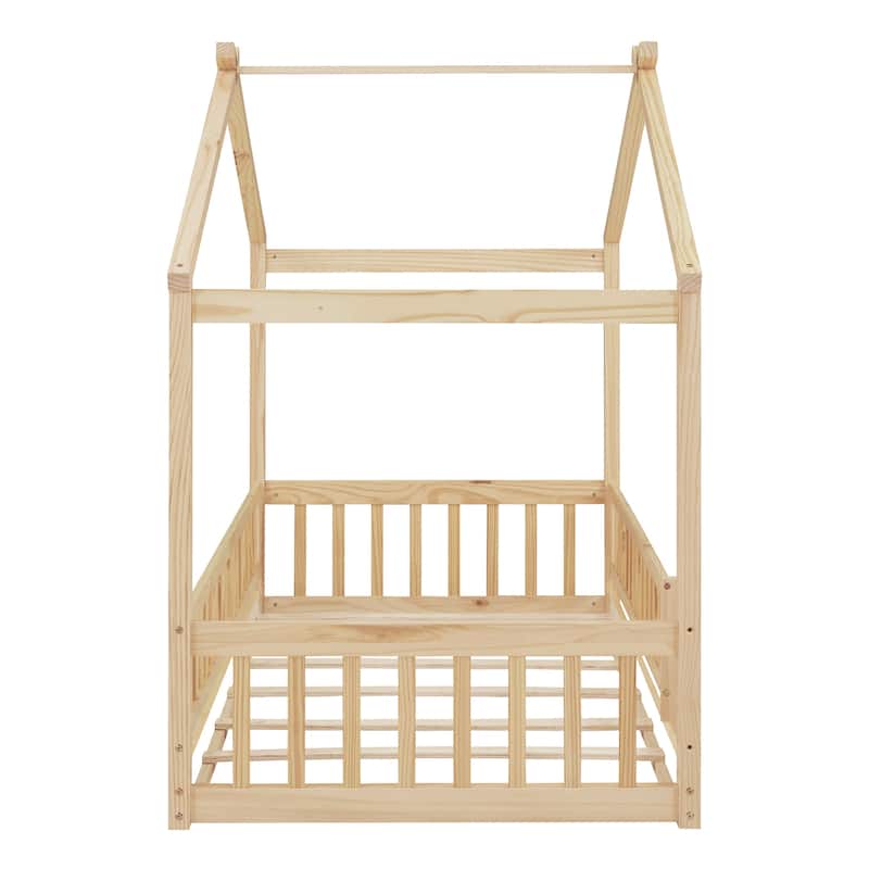 Twin Size Wood House Bed Frame with Roof and Fence, for Kids, Teens, Girls, Boys