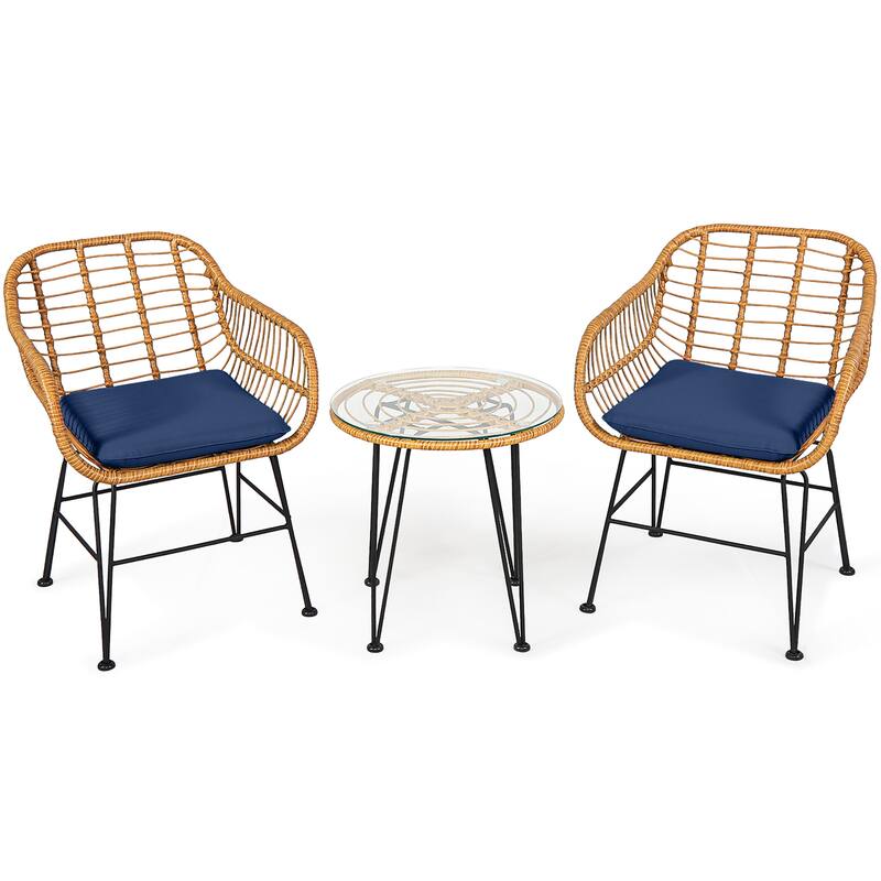3 PCS Patio Bistro Set Rattan Conversation Set with Round Coffee Table - Navy