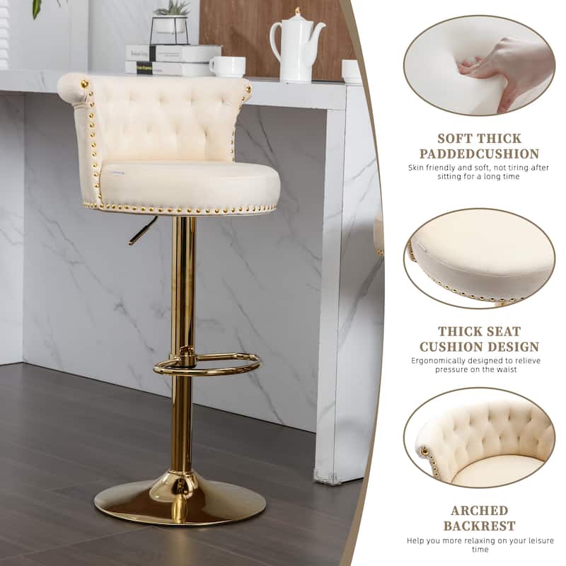Velvet Upholstered Tufted Nailheads Swivel Adjustable Height Bar Stools With Golden Footrest(set of 2)
