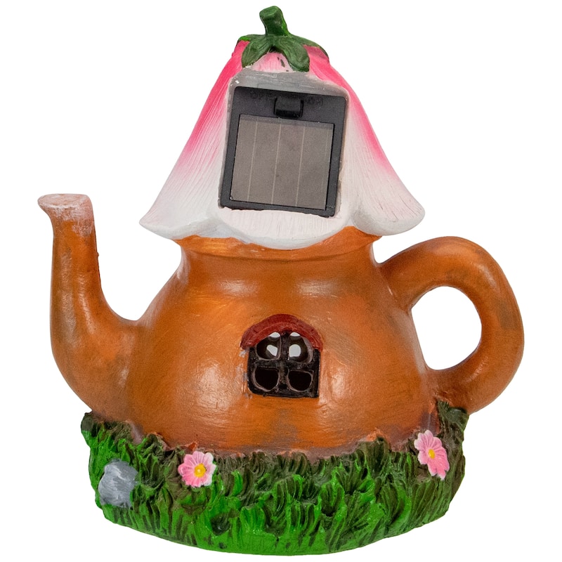 7" Solar Lighted Flower Teapot Outdoor Garden Statue