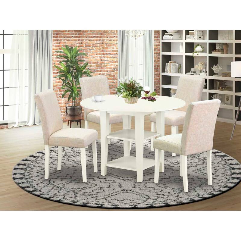 Coastal Cottage Dining Set - 5pc Round Table & 4 Chairs - 20/42 Inch Table - Linen Beige Fabric