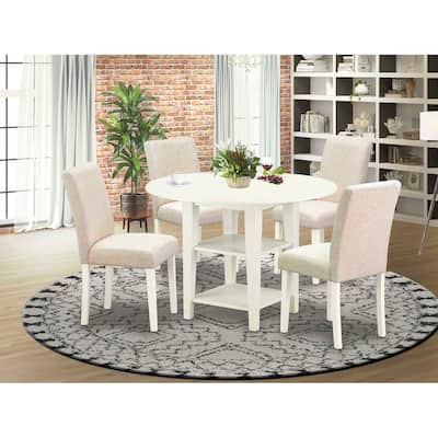 Coastal Cottage Dining Set - 5pc Round Table & 4 Chairs - 20/42 Inch Table - Linen Beige Fabric