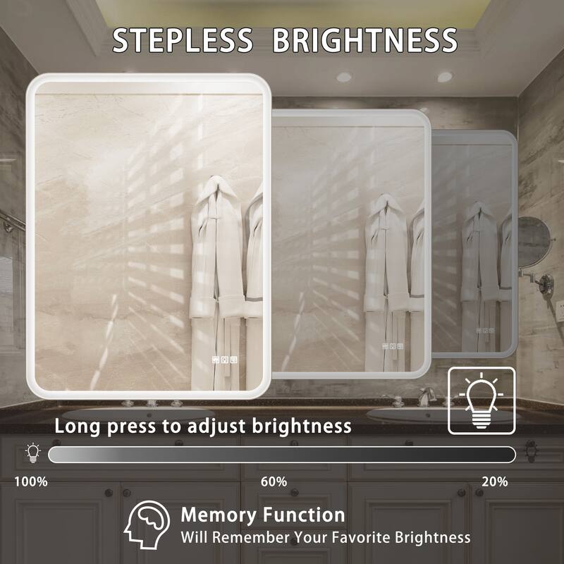 Anti-Fog LED Bathroom Vanity Mirror, Lighted Rectangular Mirror with Memory Function and White Iron Frame