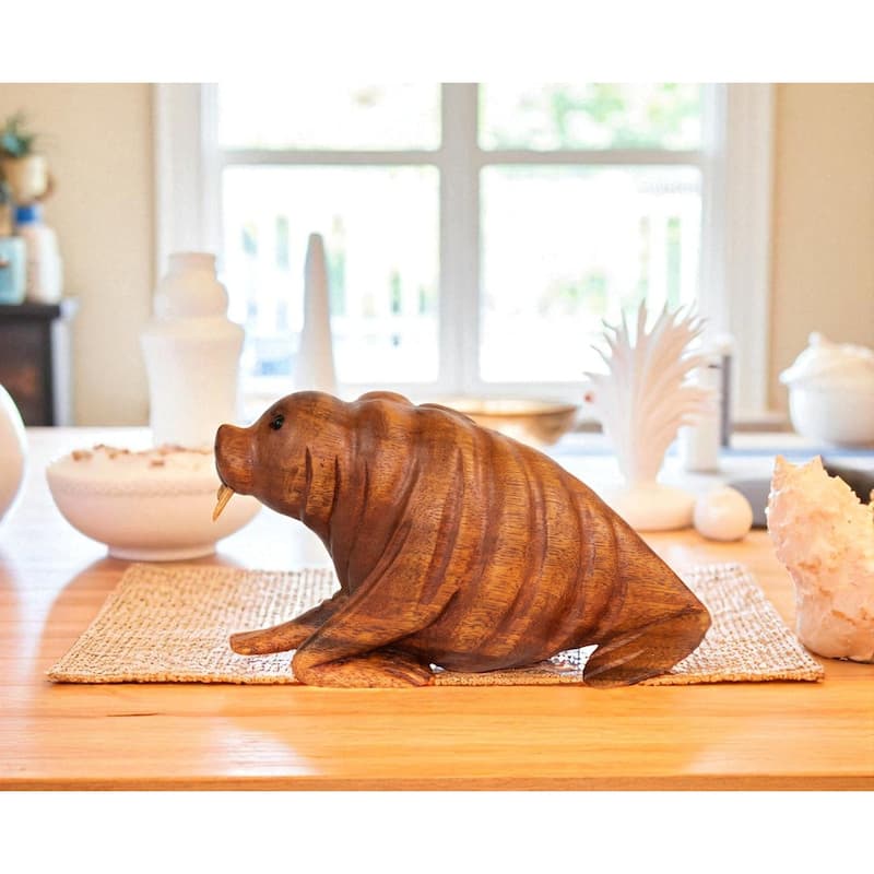 Wood Walrus Figurine Hand Carved Sea Animal Sculpture, Coastal Cabin Decor