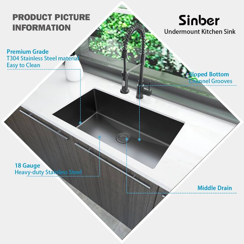 Sinber Undermount Single Bowl 304 Stainless Steel Kitchen Sink