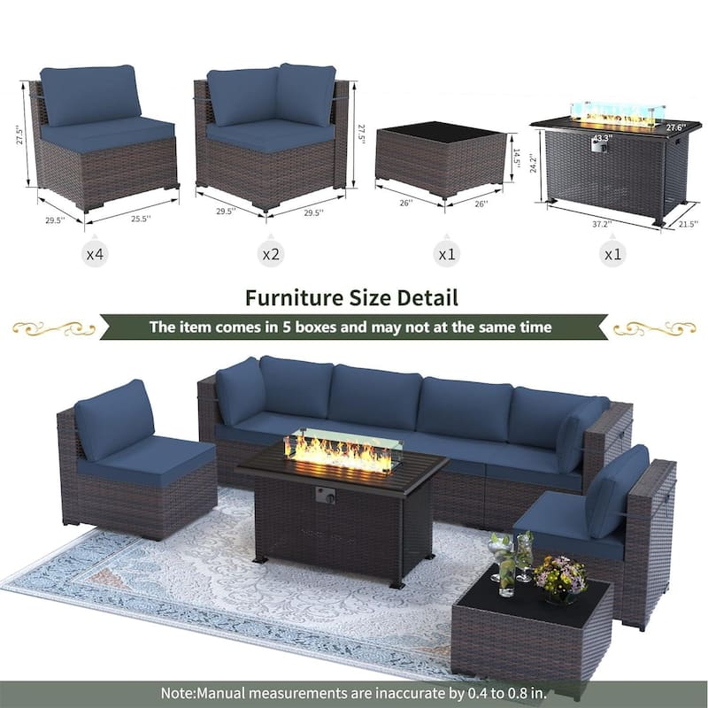 Outdoor Rattan Sectional Sofa Set, Patio Furniture Conversation Set with Fire Pit Table