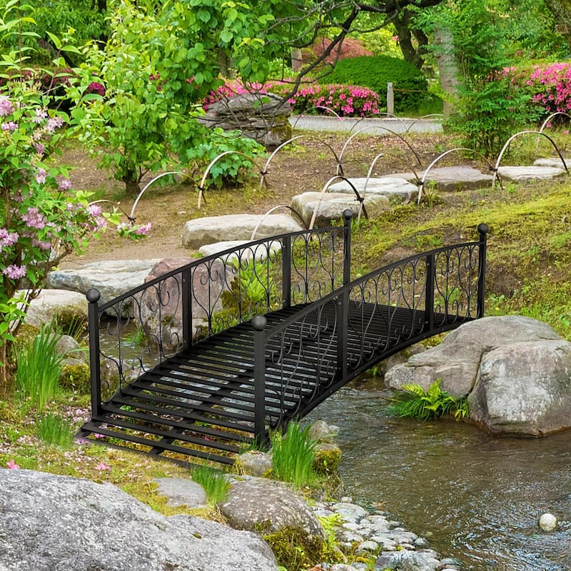 7' Metal Arch Garden Bridge with Safety Siderails