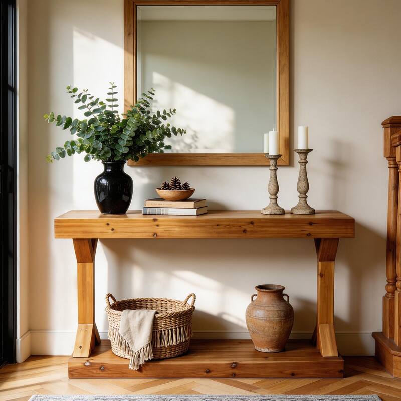 Solid Wood Console Table With Storage Shelf Farmhouse Wooden Entryway Sofa Table Behind Couch